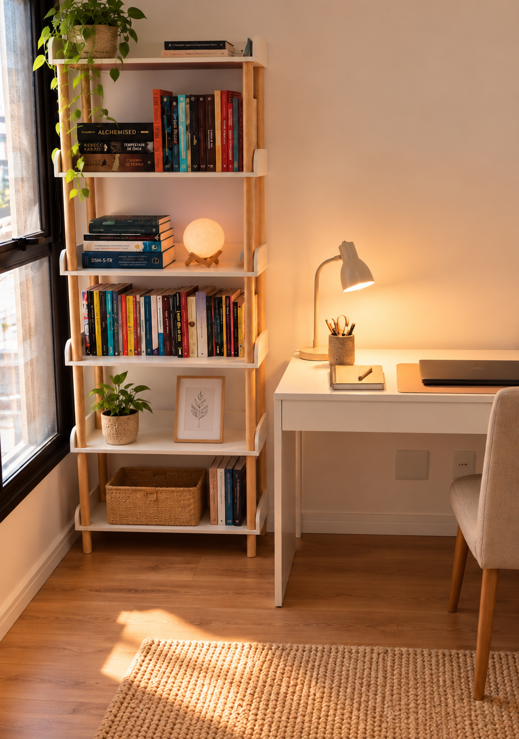 Consultório acolhedor com estante de livros, plantas, mesa branca e luz quente